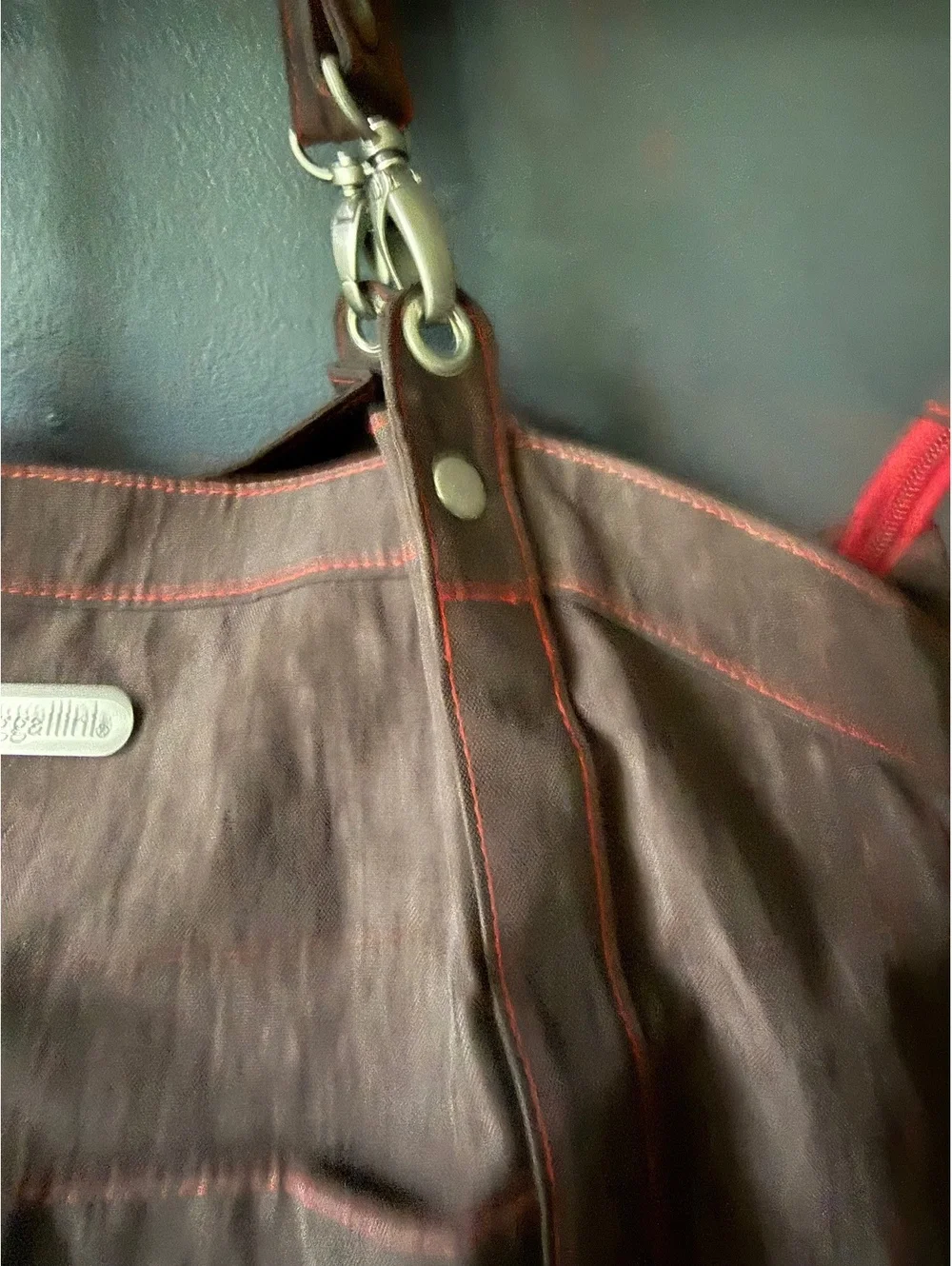 Baggallini Brown Tote Bag with Red Stitching and Front Pocket